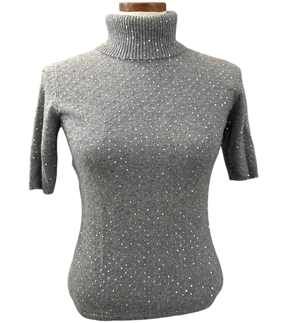 Vintage 100% Cashmere Amici Sequined Mock Neck Sweater SIZE S Gray Glam Fall